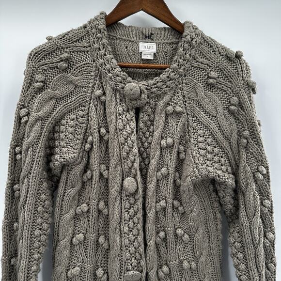 Alps Sweater Womens Medium Beige Button Bobbles Chunky Cable Cardigan Wool Poms - Picture 2 of 12